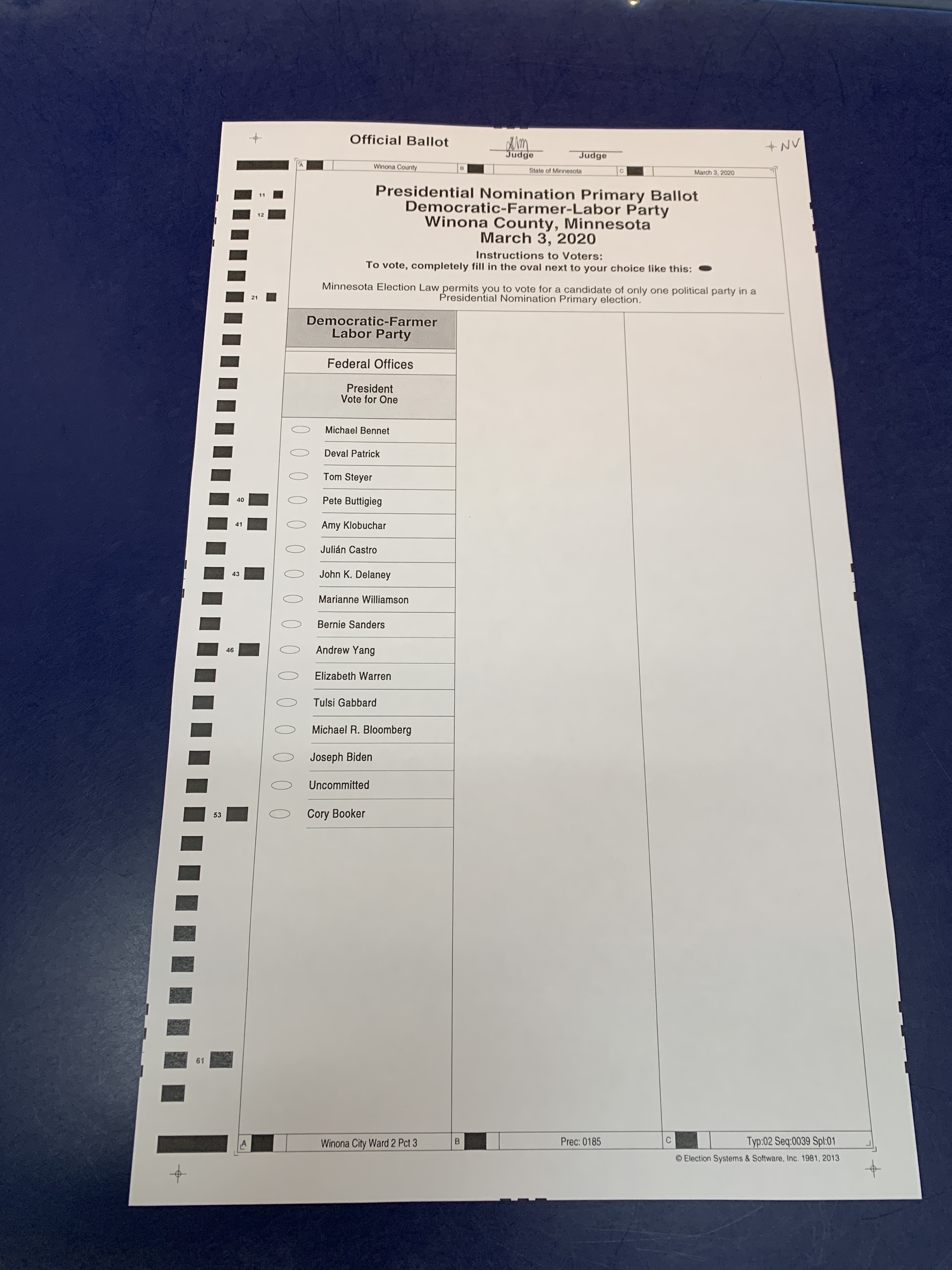 An unmarked 2020 Minnesota DFL Party presidential primary ballot.