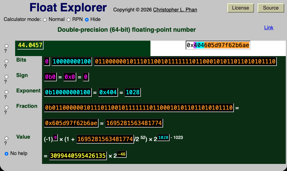 Screenshot of a web app. The app is titled "Float Explorer". The number 44.0457 is being examined. The app shows the hexadecimal, decimal, and binary representation of this number as a double-precision floating-point number, explaining the sign, exponent, and fraction parts of the representation.