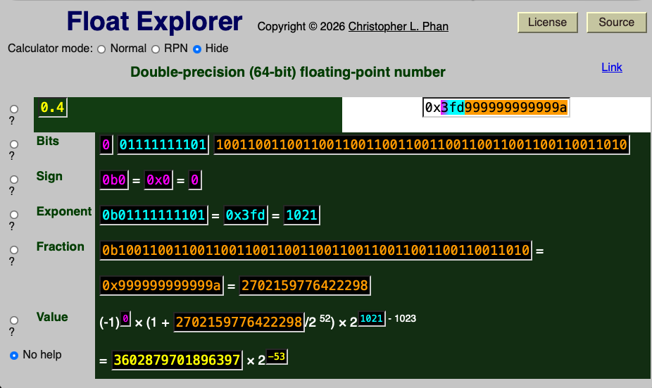 Screenshot of a web app. The app is titled "Float Explorer". The number 0.4 is being examined. The app shows the hexadecimal, decimal, and binary representation of this number as a double-precision floating-point number, explaining the sign, exponent, and fraction parts of the representation.
