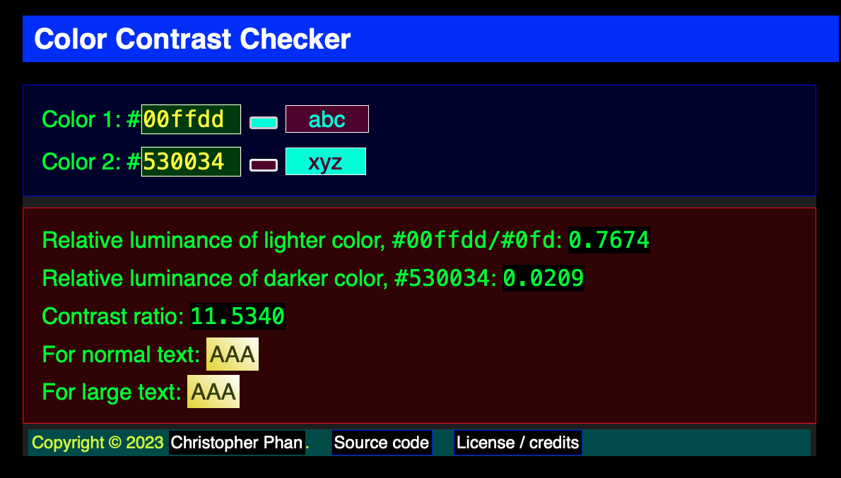 Screenshot: A widget in which the user can enter as hex triplets (or using the system color-picker) two colors. The widget then shows the relative luminance of each color as well as the contrast ratio and the WCAG 2.0 accessibility ratings for that contrast ratio