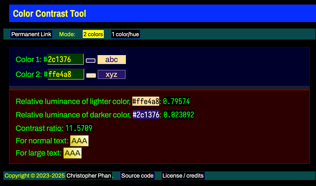 Screenshot: A widget in which the user can enter as hex triplets (or using the system color-picker) two colors. The widget then shows the relative luminance of each color as well as the contrast ratio and the WCAG 2.0 accessibility ratings for that contrast ratio
