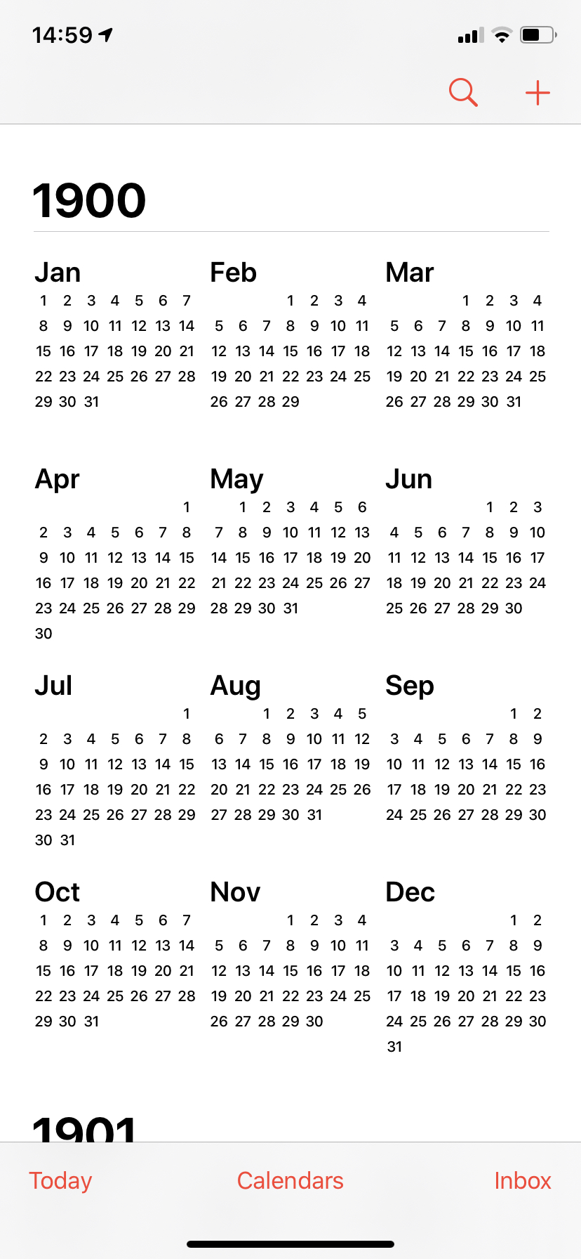 Screenshot of iOS
calendar app, showing the year view for the year 1900. February has 29 days, the
last of which is the same day of the week as the first of March.