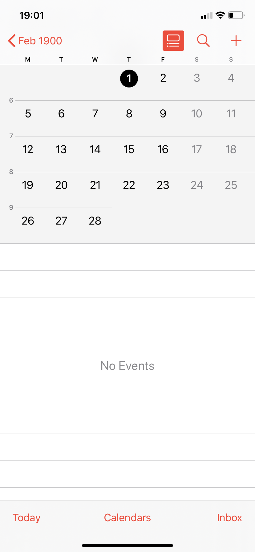 Screenshot of iOS
calendar app, showing the month view for the February 1900, with 28 days.
