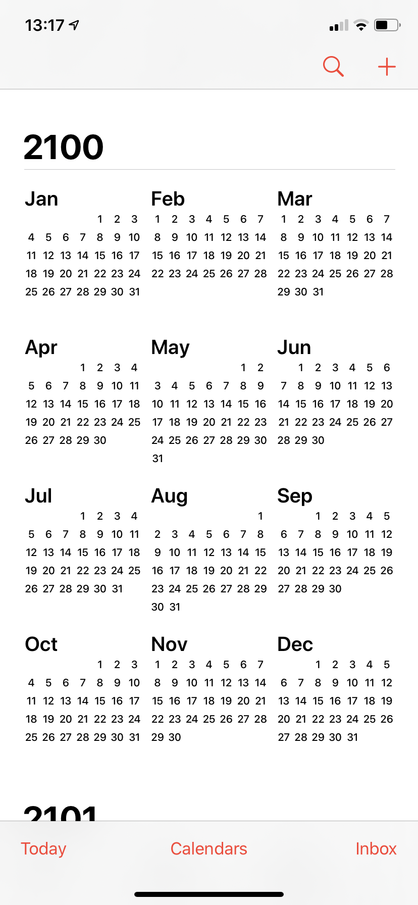 Screenshot of iOS
calendar app, showing the year view for the year 2100.