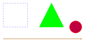 a square made out of dashed, blue lines; a green filled triangle; a red circle filled with purple; and a long brown arrow
