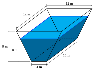 a isometric diagram of a trapezoidal prism water trough, partially filled with water, with dimensions labelled
