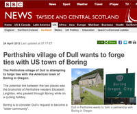 Screen shot of the BBC news site from 2012. The headline reads "Perthshire village of Dull wants to forge tiles with US town of Boring"