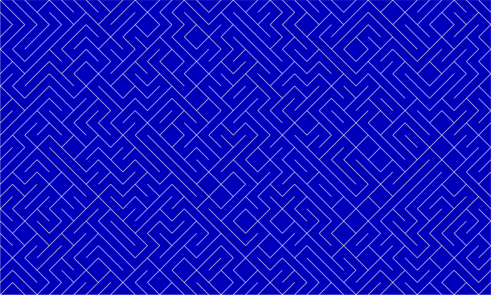 A maze created by randomly placing walls. Each wall is in one of two perpendicular orientations. The walls are white and the background is blue.